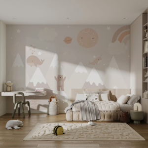 Celestial Coast wallpaper mural with whales, narwhals and bears among mountains and rainbows