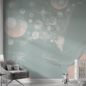 Celestial Leviathan line art whale wallpaper mural with a whale under planets and constellations