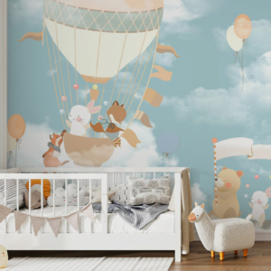 Celestial Parade animal hot air balloon mural with animals flying in vintage balloons
