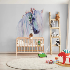 Celestial Stallion floral horse wallpaper mural with a watercolor horse and flowers in its mane