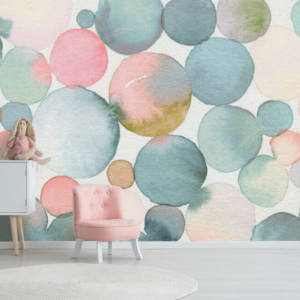 Chroma Bubbles watercolor circle wallpaper mural with pastel circles in pink, mint and teal