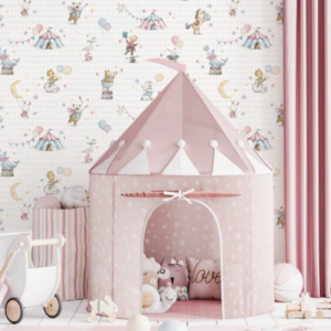 Circus #1 circus tent pattern wallpaper with tents, animals and stars on cream
