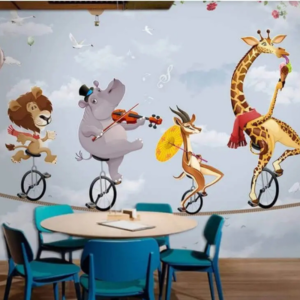 Circus Safari wallpaper mural with a lion, hippo, gazelle and giraffe on a tightrope