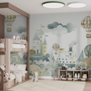 Citadel Voyage wallpaper mural with a hilltop castle, balloons and a steamship