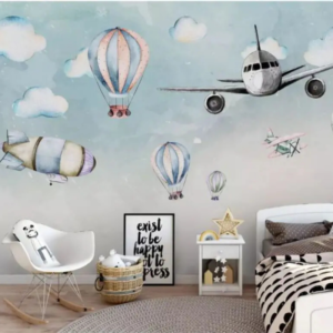 Cloud Aviator watercolor aviation wallpaper mural with balloons, airships and airplanes