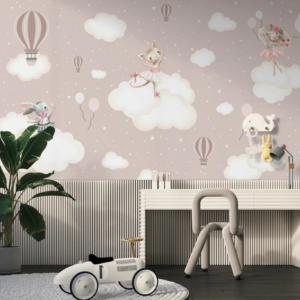 Cloud Dancer wallpaper mural with cat ballerinas and bunnies on clouds in dusty pink