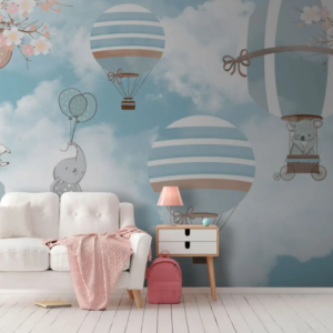 Cloud Hop wallpaper mural with koalas and bunnies in hot air balloons under cherry blossoms