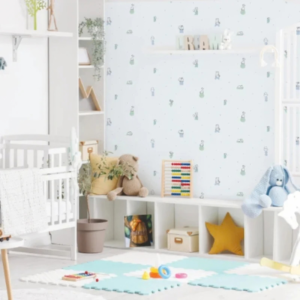 Bebe #2 cactus pattern nursery wallpaper with small green cacti on white in a nursery