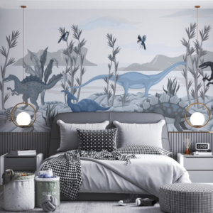 Dino Valley slate blue dinosaur wallpaper mural with sauropods and raptors among bamboo