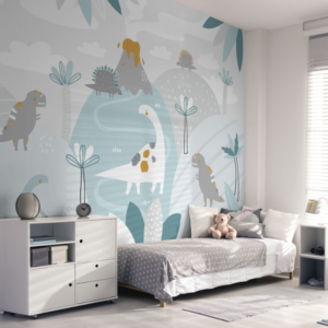 Dino Realm Scandinavian dinosaur wallpaper mural with dinosaurs, hills, palms and a volcano