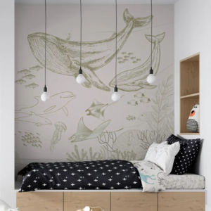 Deep Sea vintage whale sketch wallpaper mural with line-art whales, stingrays and coral