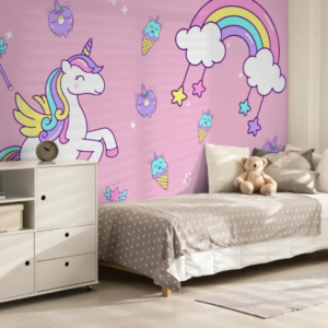 Delish wallpaper mural with a winged unicorn, ice cream and a rainbow on pink