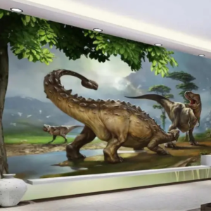 Dino Kingdom realistic dinosaur wallpaper mural with dinosaurs in a dense prehistoric forest