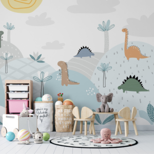 Dino Meadow cute dinosaur wallpaper mural with dinosaurs, hills, palms and a swirling sun