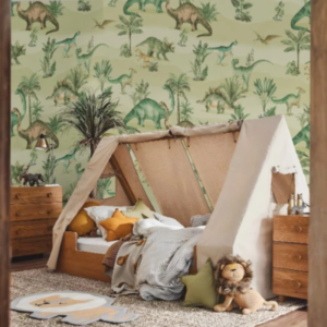 Dino Park green dinosaur pattern wallpaper with dinosaurs and palms on sage in a kids’ room