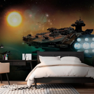 Dreadnought spaceship wallpaper mural with a battleship near a fiery sun and nebulae