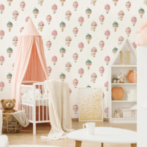 Dream Balloon #1 pink balloon wallpaper with hot air balloons on cream in a nursery