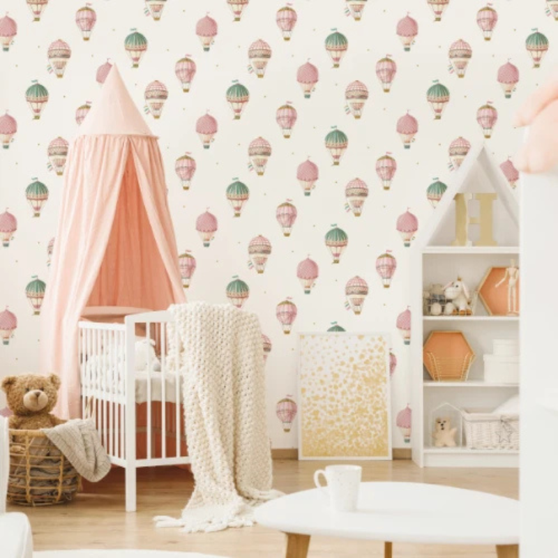 Dream Balloon #1 pink balloon wallpaper with hot air balloons on cream in a nursery
