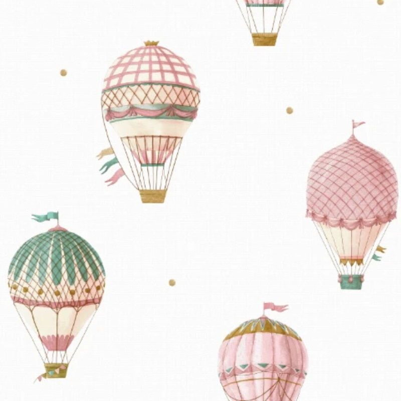 Dream Balloon #1 pink balloon wallpaper with hot air balloons on cream in a nursery – view 2