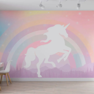 Dreamscape unicorn silhouette wallpaper mural with a leaping unicorn under a pastel rainbow