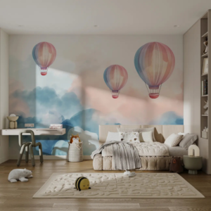 Dreamscape Drift wallpaper mural with giant watercolor balloons over pastel mountains