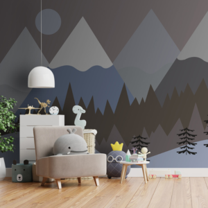 Dusk Horizon dark grey mountain wallpaper mural with peaks, pine silhouettes and a full moon