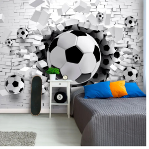 Dynamo 3D football wallpaper mural with a soccer ball bursting through a white brick wall