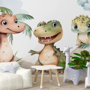 Eden baby dinosaur wallpaper mural with baby dinosaurs among palm trees and clouds