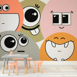 Emoji face wallpaper mural with large expressive circles in terracotta, peach, olive and grey