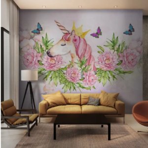 Enchanted wallpaper mural with a crowned unicorn among watercolor peonies and butterflies