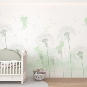 Enchanted wallpaper mural with fairy silhouettes and green dandelion seed heads