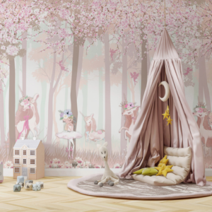 Enchanted Ballerina wallpaper mural with a ballerina and unicorns among cherry blossoms