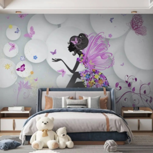 Enchanted Circle 3D fairy wallpaper mural with a fairy silhouette and purple butterflies