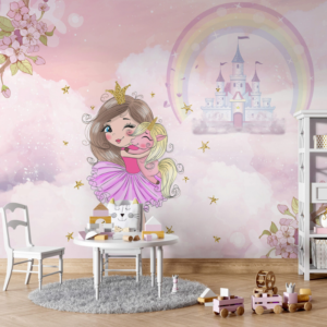 Enchanted Citadel wallpaper mural with a princess hugging a unicorn in front of a castle