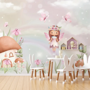 Enchanted Garden wallpaper mural with a fairy by a mushroom house, blossoms and rainbows