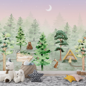 Enchanted Haven twilight forest wallpaper mural with woodland animals, cabins and a crescent moon