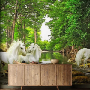 Enchanted Haven unicorn forest wallpaper mural with white unicorns by a forest river