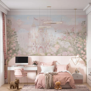 Fairytale Kingdom pink castle wallpaper mural with a pastel palace, roses and balloons