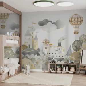 Fairytale Kingdom wallpaper mural with castles, steamboats and balloons over rolling hills