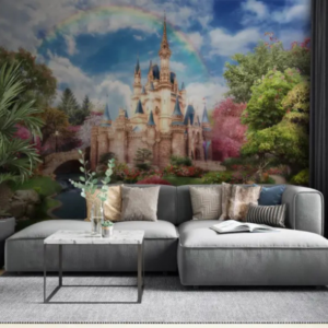 Fairytale Realm castle wallpaper mural with a grand castle, gardens, rainbow and river