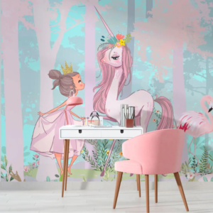 Fantasy princess and unicorn wallpaper mural with a crowned princess and floral unicorn