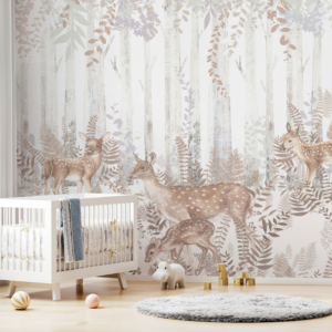 Fawn Sanctuary deer family wallpaper mural with deer among misty trees and ferns