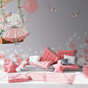 Felicity kitten wallpaper mural with a kitten swinging from floral vines and pink balloons