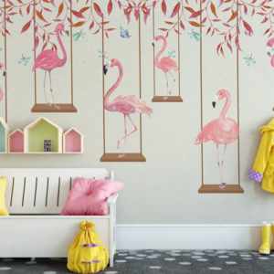 Flamingo swing wallpaper mural with flamingos on hanging swings under leafy garlands