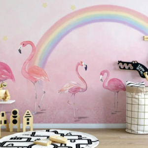 Flamingo rainbow wallpaper mural with watercolor flamingos under a rainbow and stars