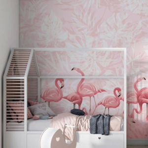 Flamingo Bay flamingo wallpaper mural with pink flamingos and monstera leaves