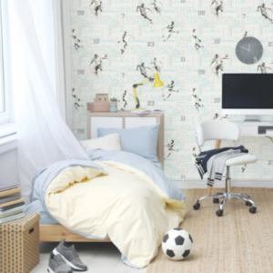 Football Club #1 footballer wallpaper with player silhouettes and footballs in a boy’s room