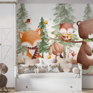 Forest Friends wallpaper mural with sleeping forest animals among pine trees and leaves