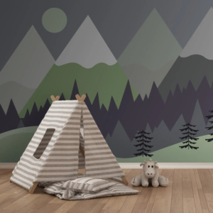 Forest Haven forest green mountain wallpaper mural with green peaks and pine silhouettes