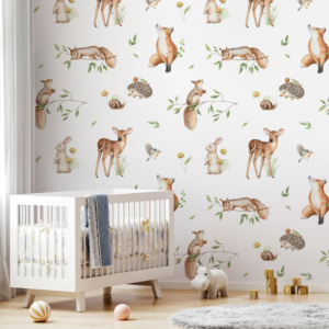 Forest Meadow woodland animal pattern wallpaper with fawns, foxes and squirrels on white